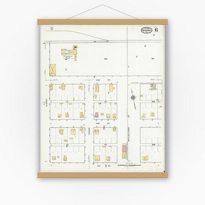 Old map wall art mockup — magnetic wood frame on white wall — Sanborn Fire Insurance Map from Quanah, Hardeman County, Texas (1921), Sheet #0006