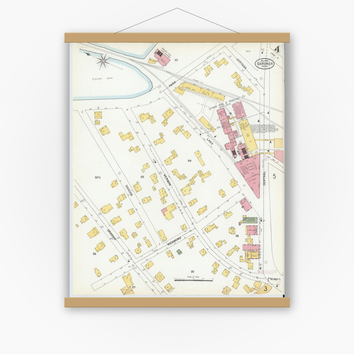 Old map wall art mockup — magnetic wood frame on white wall — Sanborn Fire Insurance Map from Gardner, Worcester County, Massachusetts (1900), Sheet #0004