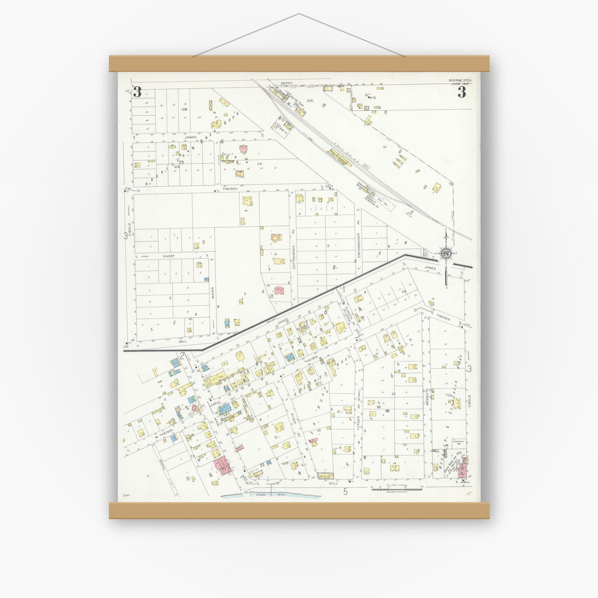 Old map wall art mockup — magnetic wood frame on white wall — Sanborn Fire Insurance Map from Boerne, Kendall County, Texas (1937), Sheet #0003
