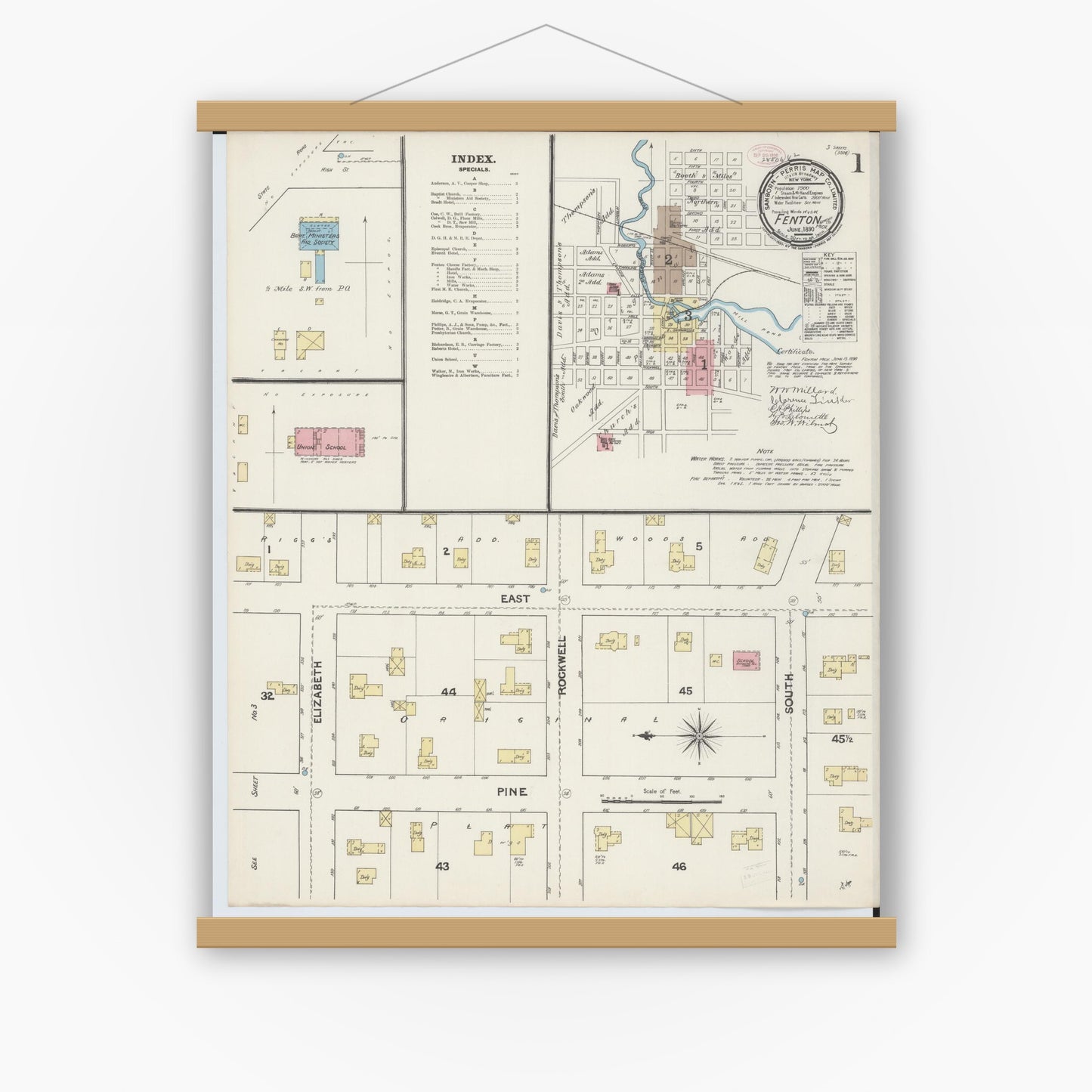Old map wall art mockup — magnetic wood frame on white wall — Sanborn Fire Insurance Map from Fenton, Genesee County, Michigan (1890), Sheet #0001