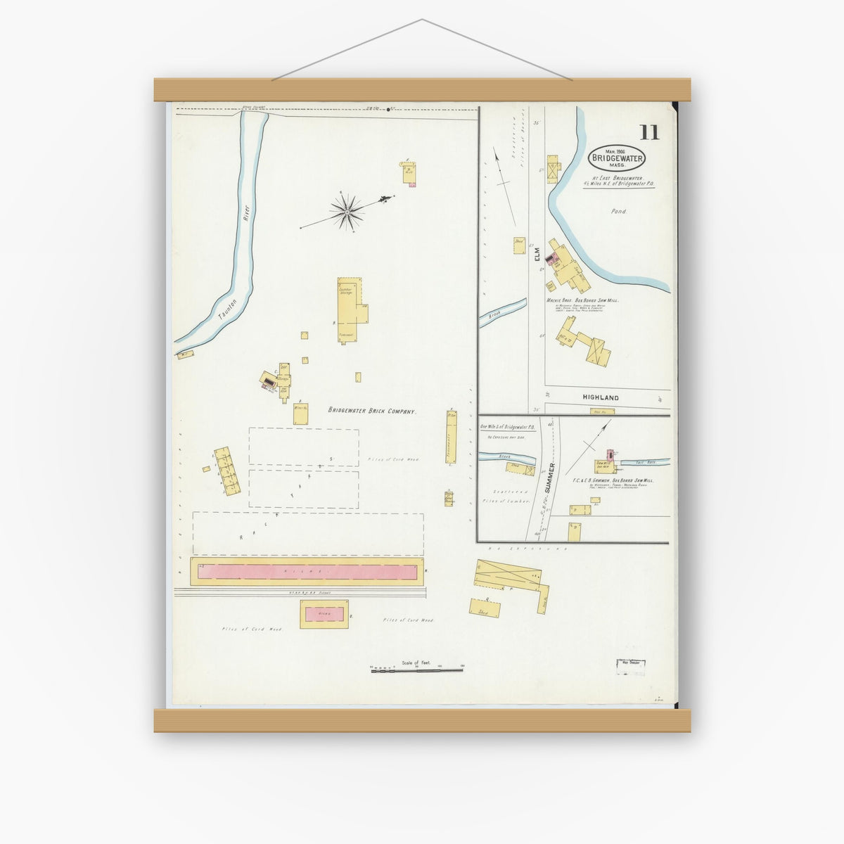 Old map wall art mockup — magnetic wood frame on white wall — Sanborn Fire Insurance Map from Bridgewater, Plymouth County, Massachusetts (1906), Sheet #0011