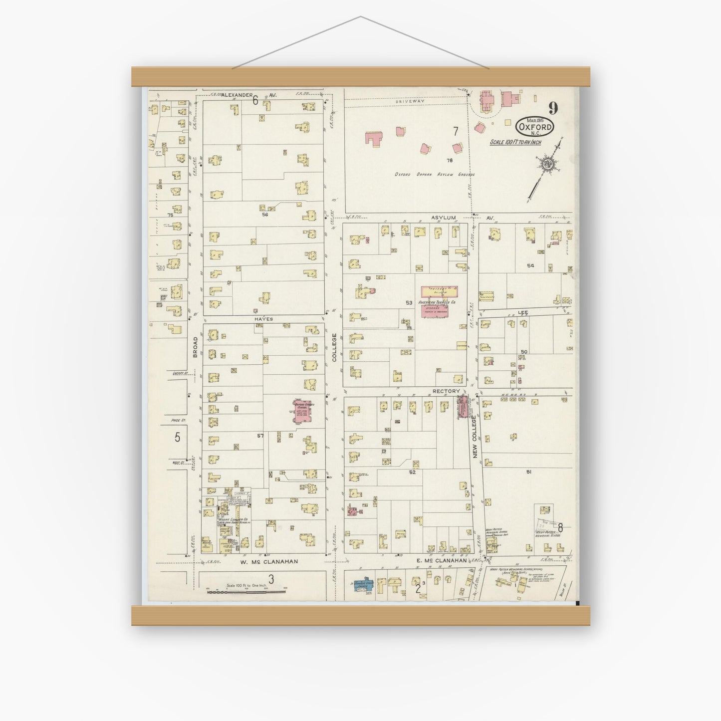 Old map wall art mockup — magnetic wood frame on white wall — Sanborn Fire Insurance Map from Oxford, Granville County, North Carolina (1915), Sheet #0009
