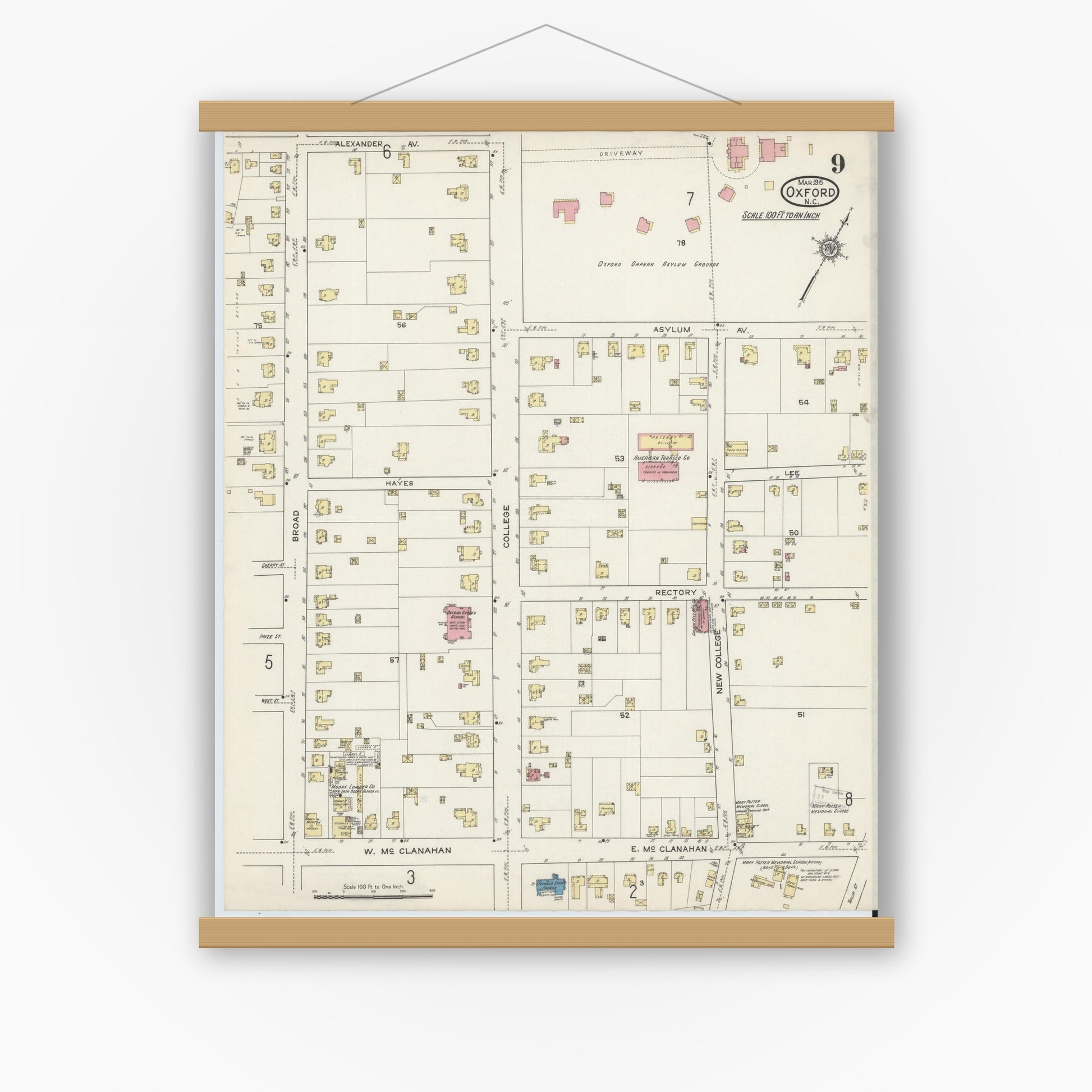 Old map wall art mockup — magnetic wood frame on white wall — Sanborn Fire Insurance Map from Oxford, Granville County, North Carolina (1915), Sheet #0009