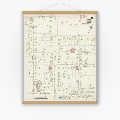 Old map wall art mockup — magnetic wood frame on white wall — Sanborn Fire Insurance Map from Oxford, Granville County, North Carolina (1915), Sheet #0009