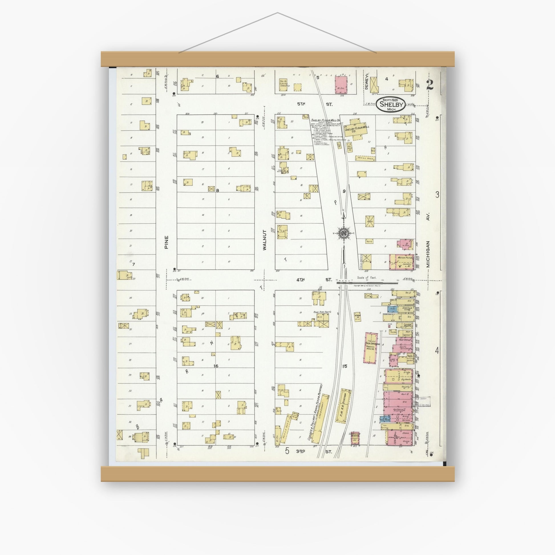 Old map wall art mockup — magnetic wood frame on white wall — Sanborn Fire Insurance Map from Shelby, Oceana County, Michigan (1920), Sheet #0002