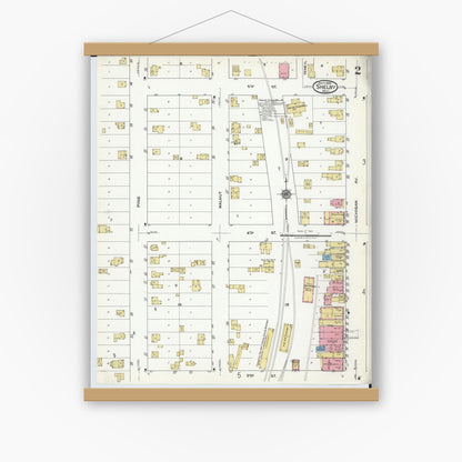 Old map wall art mockup — magnetic wood frame on white wall — Sanborn Fire Insurance Map from Shelby, Oceana County, Michigan (1920), Sheet #0002