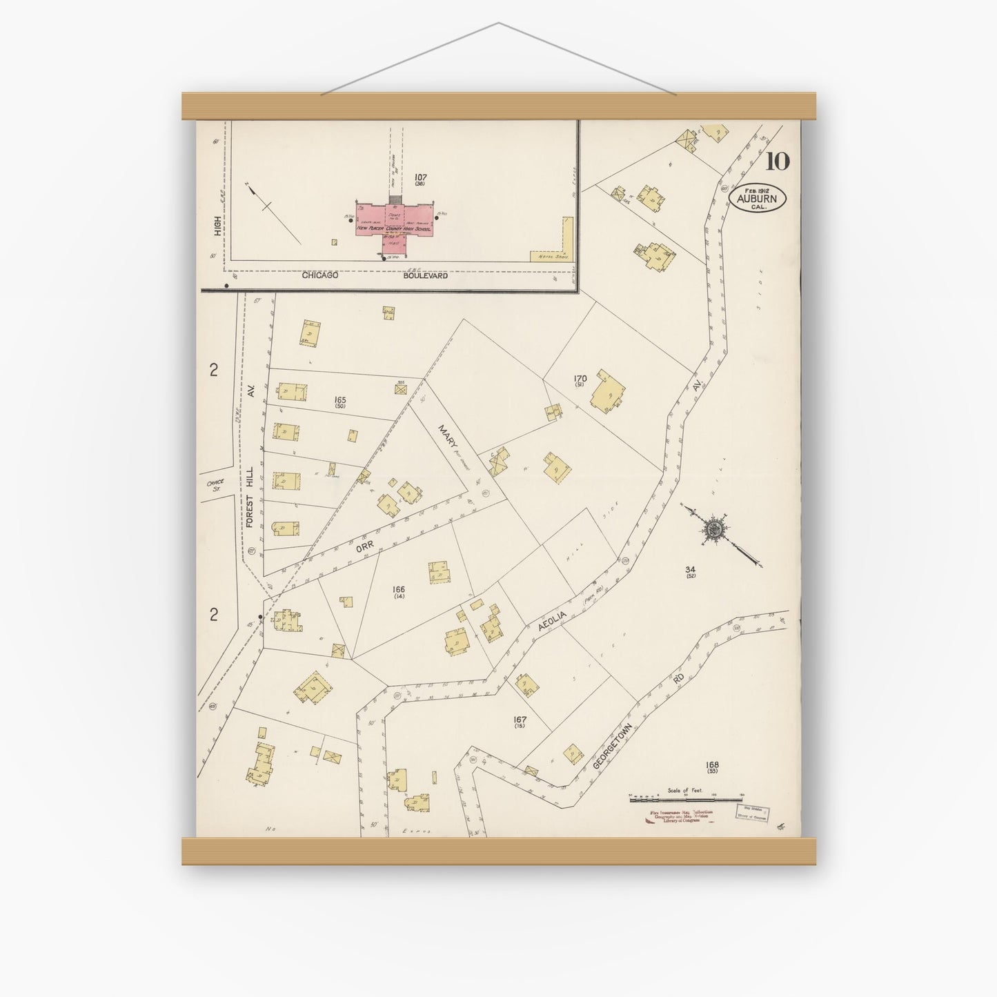 Old map wall art mockup — magnetic wood frame on white wall — Sanborn Fire Insurance Map from Auburn, Placer County, California (1912), Sheet #0010