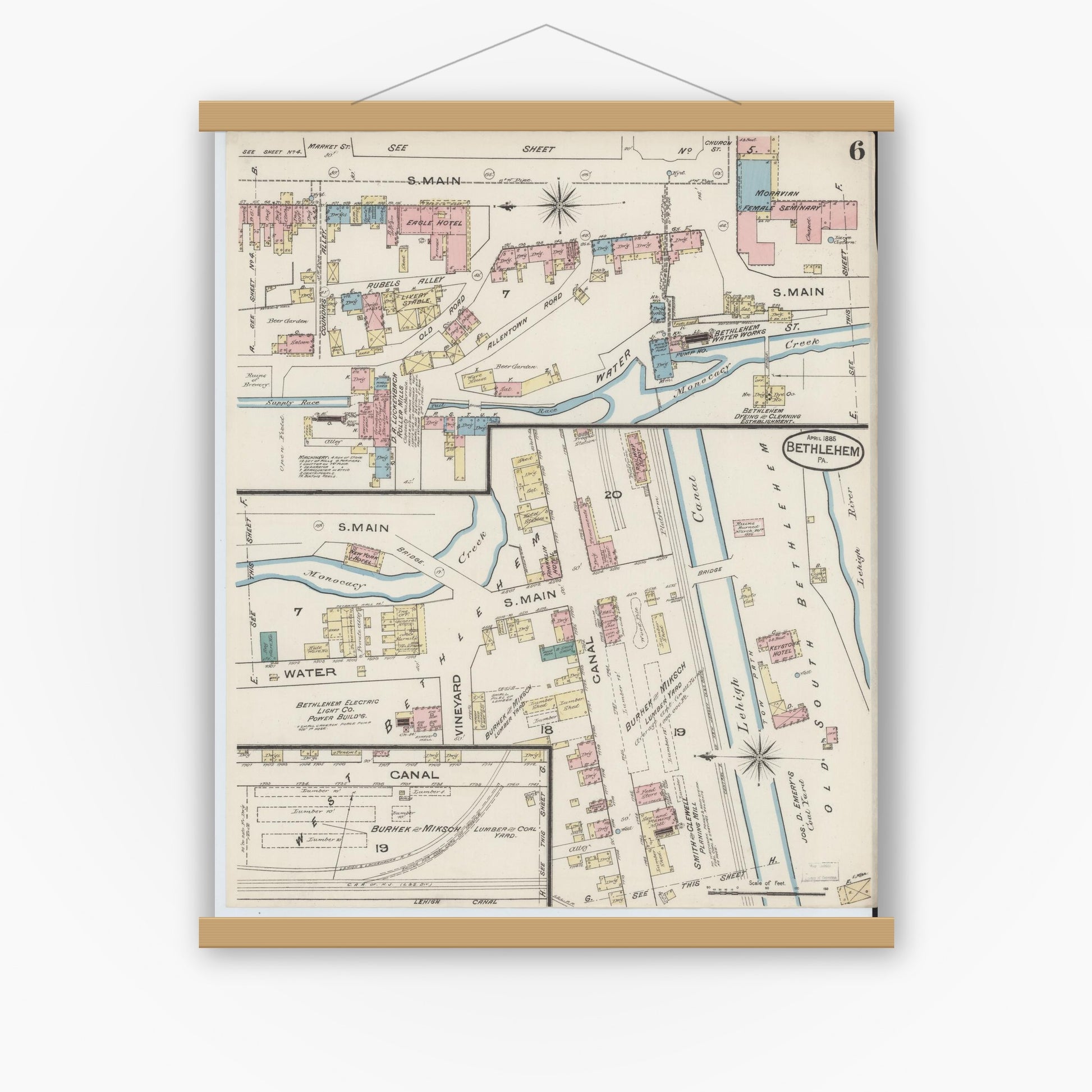 Old map wall art mockup — magnetic wood frame on white wall — Sanborn Fire Insurance Map from Bethlehem, Northampton And Lehigh Counties, Pennsylvania (1885), Sheet #0006