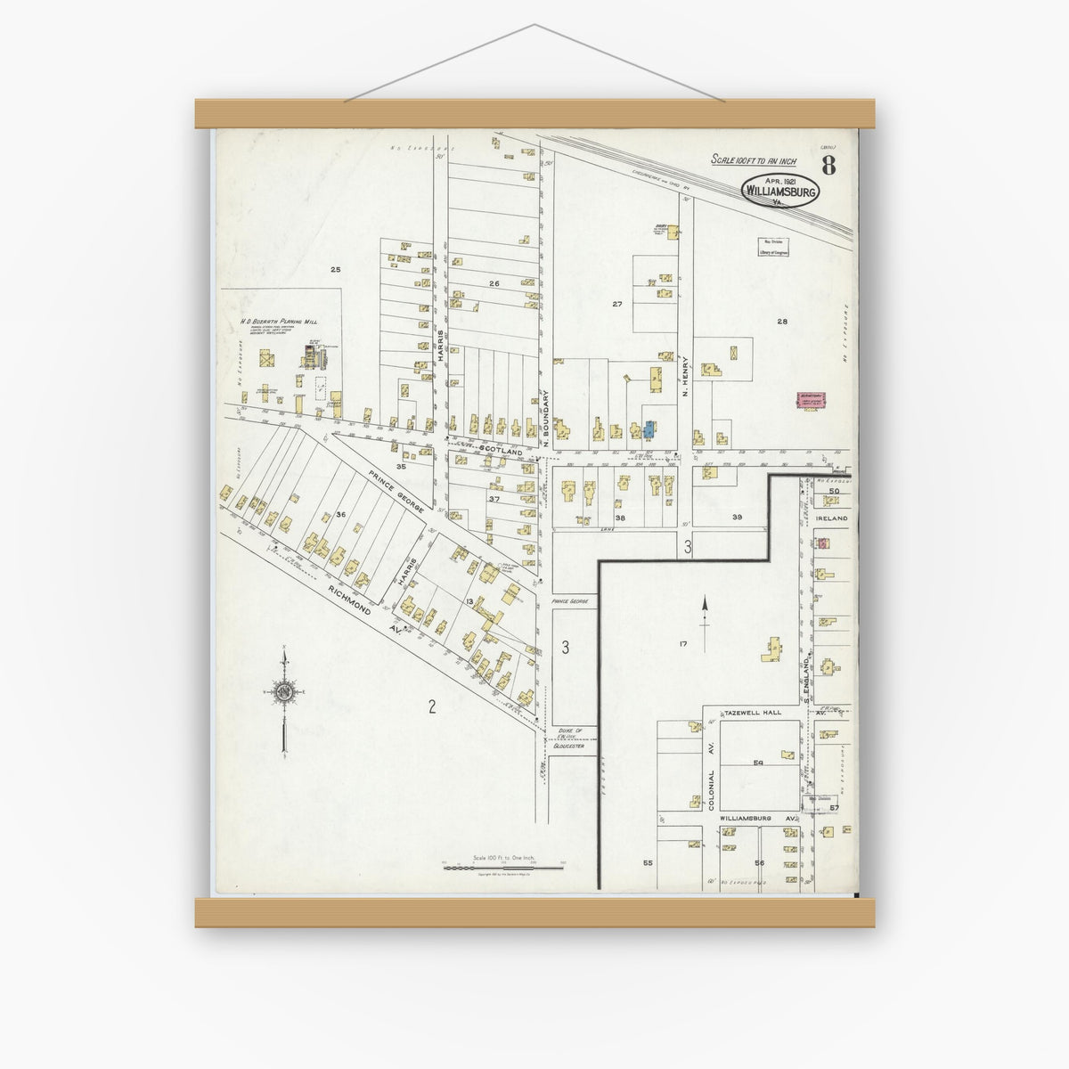Old map wall art mockup — magnetic wood frame on white wall — Sanborn Fire Insurance Map from Williamsburg, Independent Cities, Virginia (1921), Sheet #0008