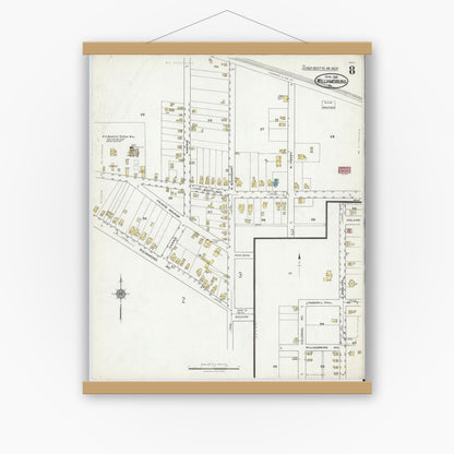 Old map wall art mockup — magnetic wood frame on white wall — Sanborn Fire Insurance Map from Williamsburg, Independent Cities, Virginia (1921), Sheet #0008