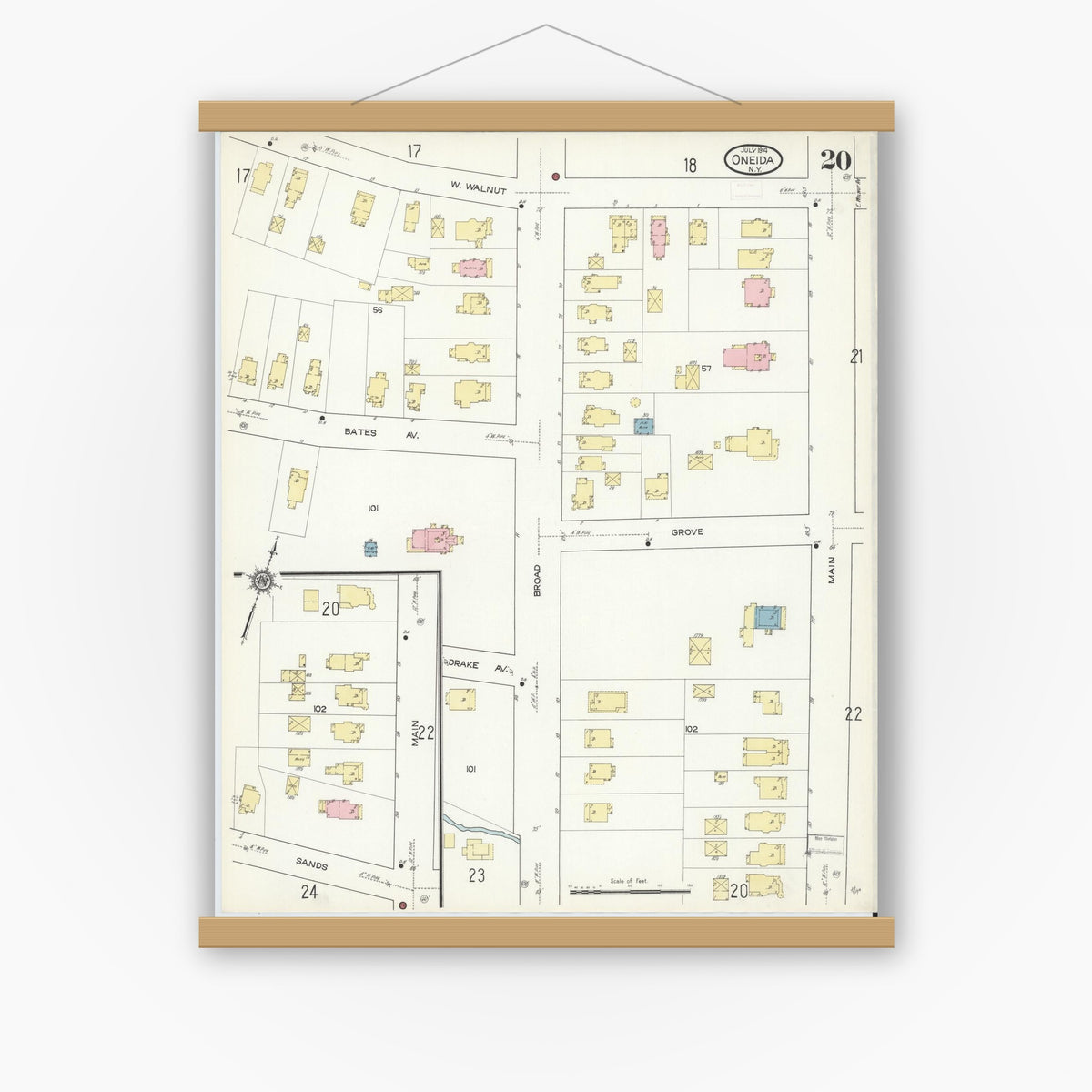 Old map wall art mockup — magnetic wood frame on white wall — Sanborn Fire Insurance Map from Oneida, Madison County, New York (1914), Sheet #0020