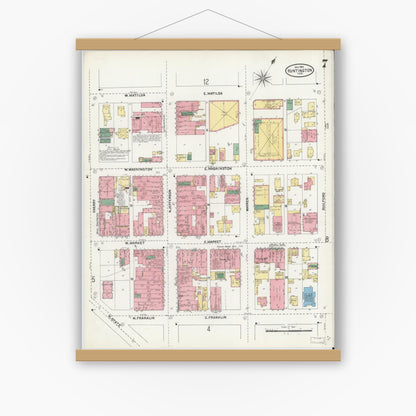 Old map wall art mockup — magnetic wood frame on white wall — Sanborn Fire Insurance Map from Huntington, Huntington County, Indiana (1904), Sheet #0007