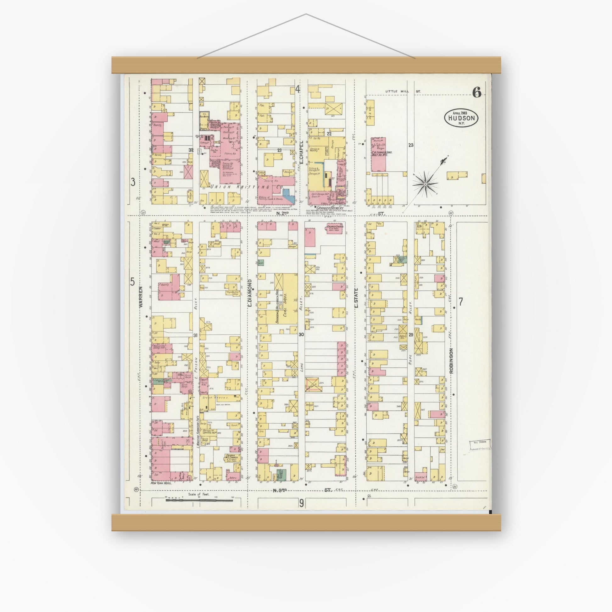 Old map wall art mockup — magnetic wood frame on white wall — Sanborn Fire Insurance Map from Hudson, Columbia County, New York (1903), Sheet #0006