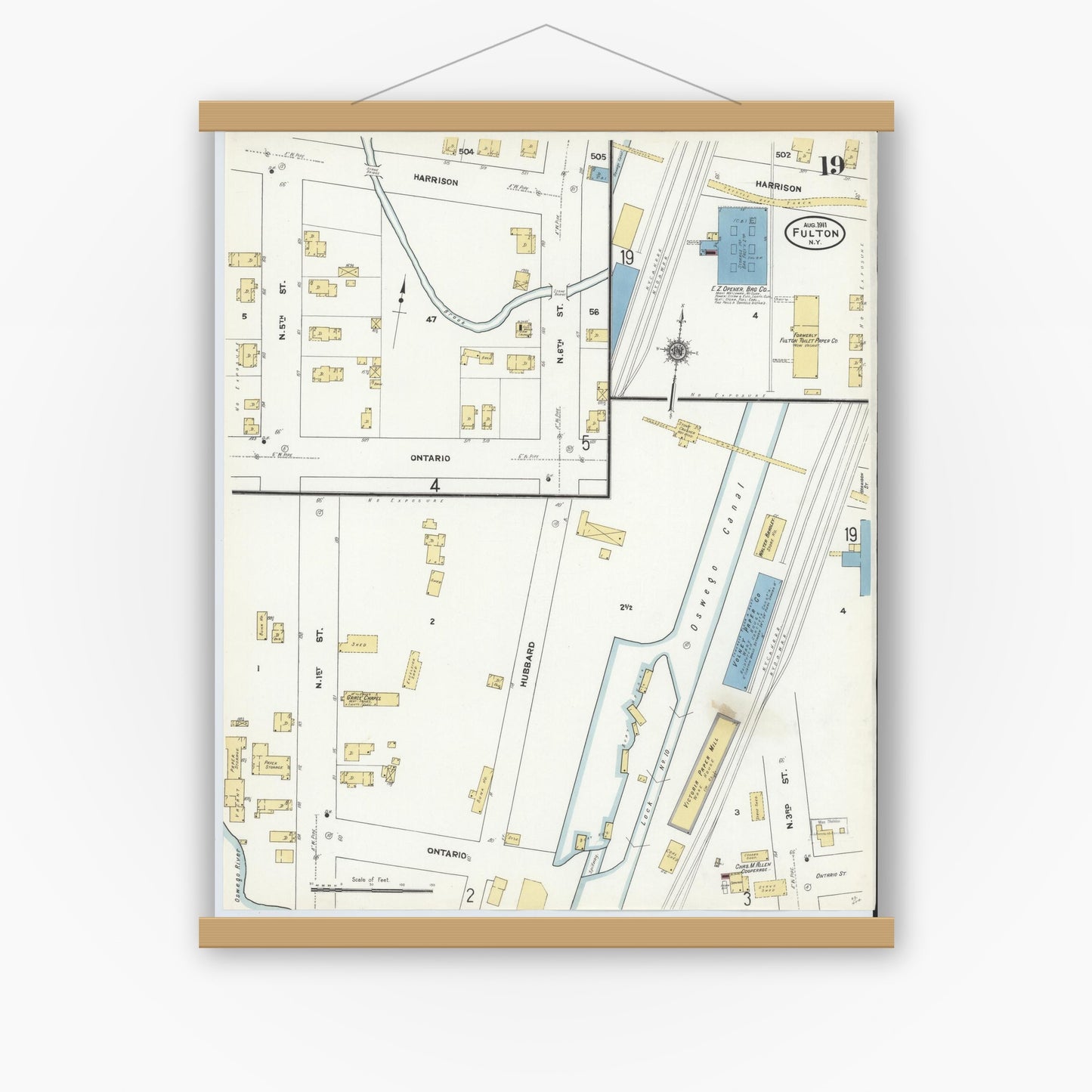 Old map wall art mockup — magnetic wood frame on white wall — Sanborn Fire Insurance Map from Fulton, Oswego County, New York (1911), Sheet #0019