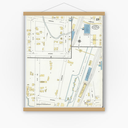 Old map wall art mockup — magnetic wood frame on white wall — Sanborn Fire Insurance Map from Fulton, Oswego County, New York (1911), Sheet #0019