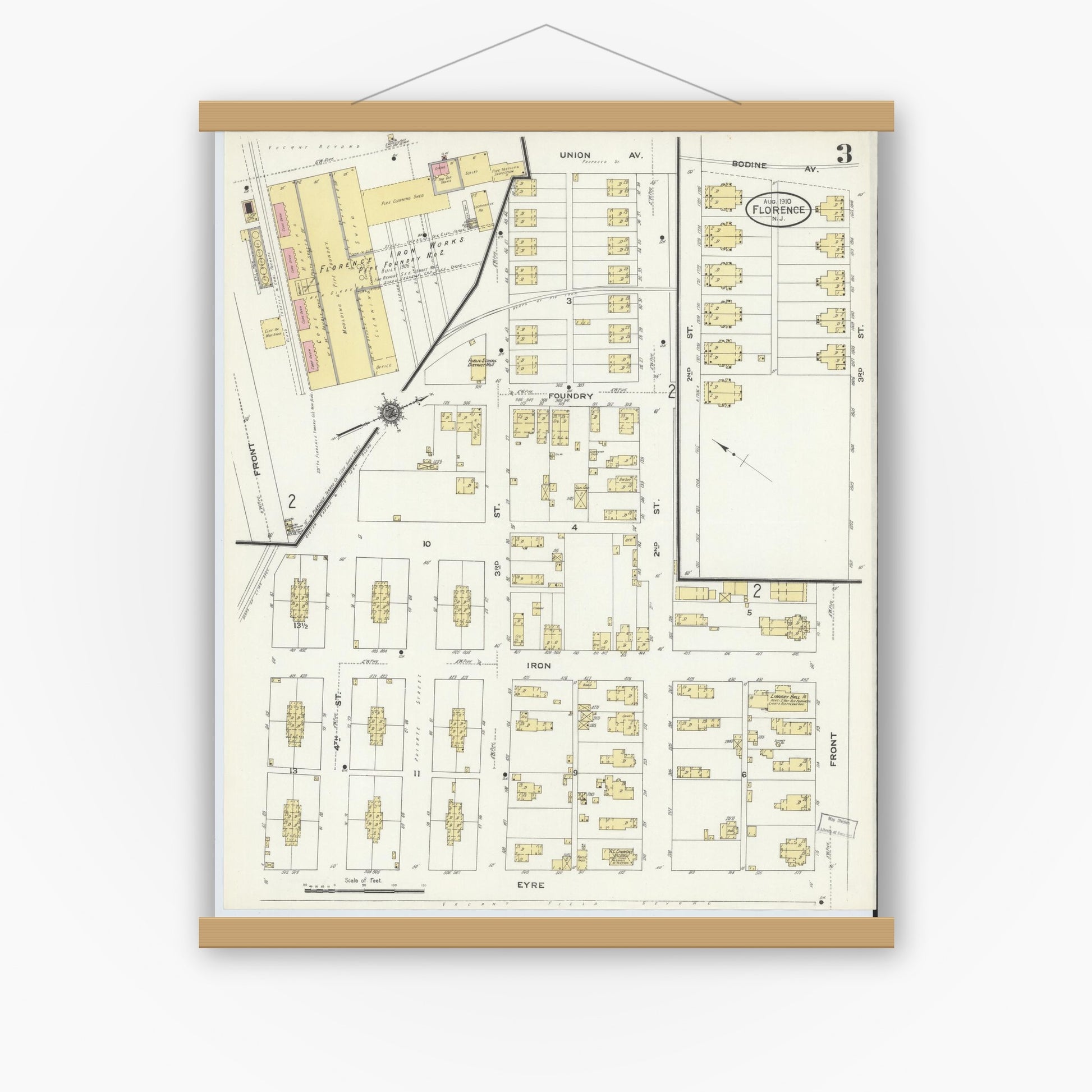 Old map wall art mockup — magnetic wood frame on white wall — Sanborn Fire Insurance Map from Florence, Burlington County, New Jersey (1910), Sheet #0003