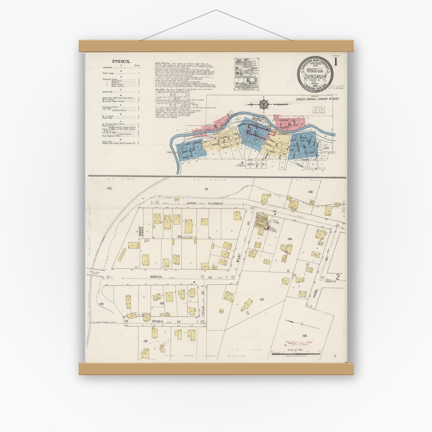 Old map wall art mockup — magnetic wood frame on white wall — Sanborn Fire Insurance Map from Dunsmuir, Siskiyou County, California (1920), Sheet #0001