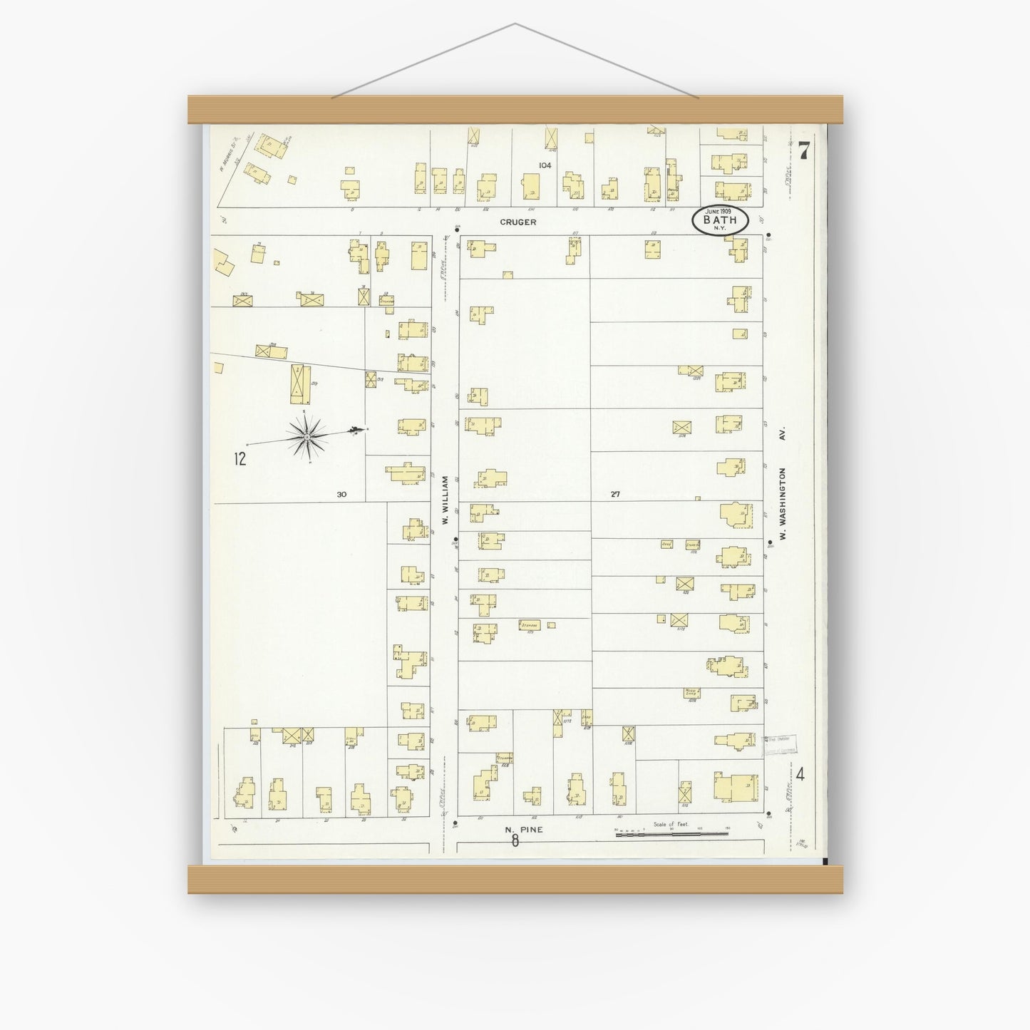 Old map wall art mockup — magnetic wood frame on white wall — Sanborn Fire Insurance Map from Bath, Steuben County, New York (1909), Sheet #0007