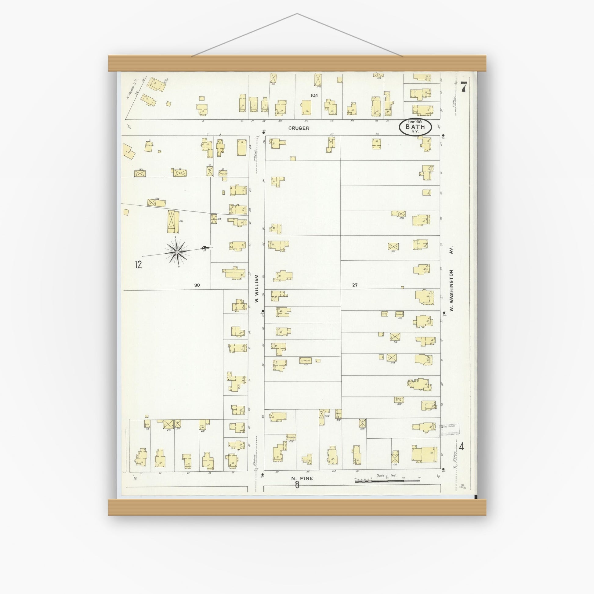 Old map wall art mockup — magnetic wood frame on white wall — Sanborn Fire Insurance Map from Bath, Steuben County, New York (1909), Sheet #0007