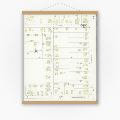 Old map wall art mockup — magnetic wood frame on white wall — Sanborn Fire Insurance Map from Bath, Steuben County, New York (1909), Sheet #0007