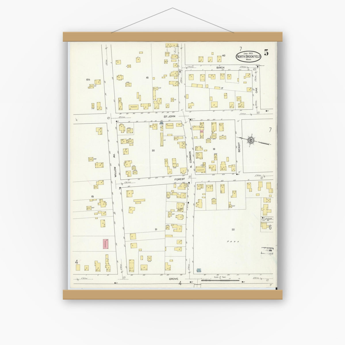 Old map wall art mockup — magnetic wood frame on white wall — Sanborn Fire Insurance Map from North Brookfield, Worcester County, Massachusetts (1913), Sheet #0005
