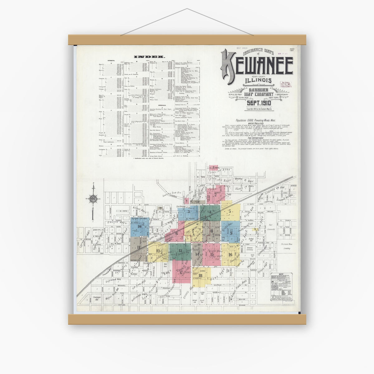 Old map wall art mockup — magnetic wood frame on white wall — Sanborn Fire Insurance Map from Kewanee, Henry County, Illinois (1910) - Complete Map Set