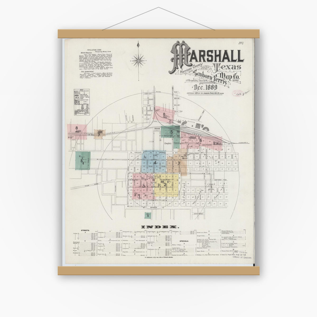 Old map wall art mockup — magnetic wood frame on white wall — Sanborn Fire Insurance Map from Marshall, Harrison County, Texas (1889) - Complete Map Set
