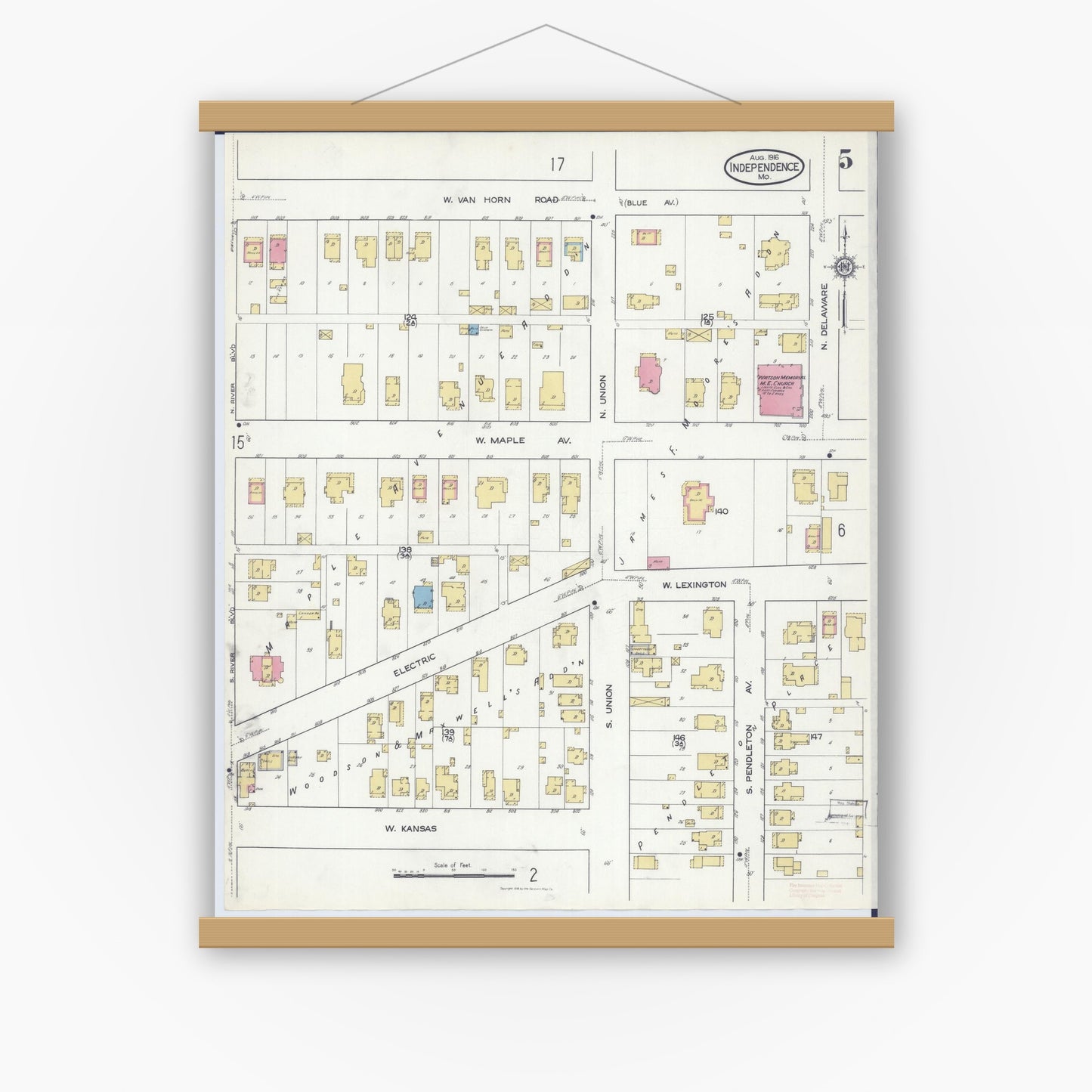 Old map wall art mockup — magnetic wood frame on white wall — Sanborn Fire Insurance Map from Independence, Jackson County, Missouri (1916), Sheet #0005