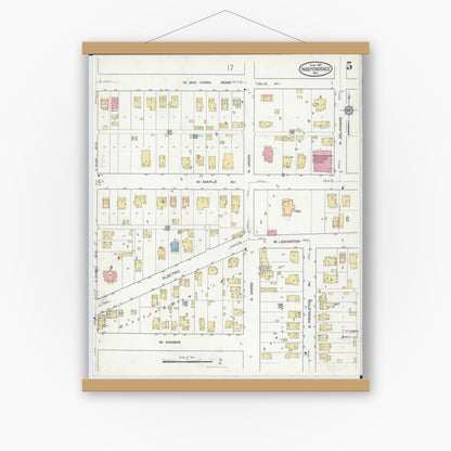 Old map wall art mockup — magnetic wood frame on white wall — Sanborn Fire Insurance Map from Independence, Jackson County, Missouri (1916), Sheet #0005