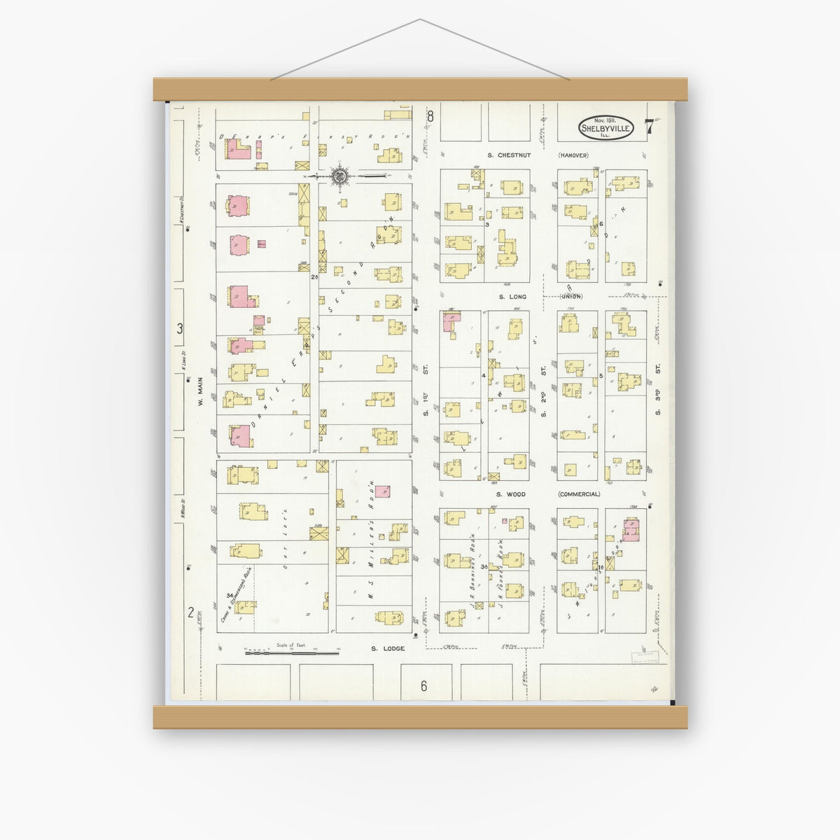 Old map wall art mockup — magnetic wood frame on white wall — Sanborn Fire Insurance Map from Shelbyville, Shelby County, Illinois (1911), Sheet #0007