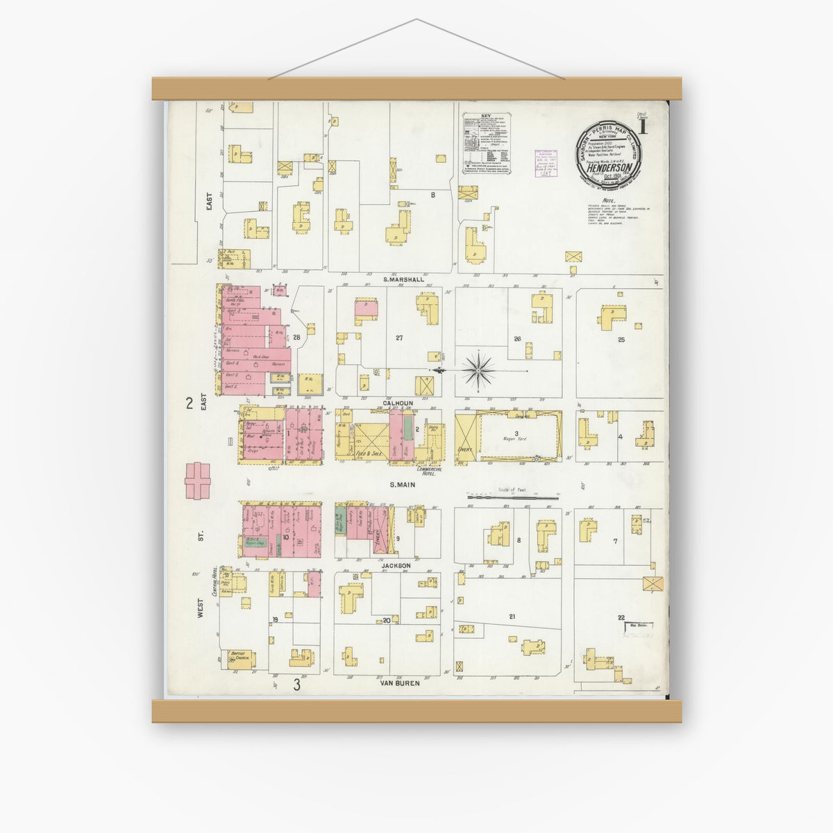 Old map wall art mockup — magnetic wood frame on white wall — Sanborn Fire Insurance Map from Henderson, Rusk County, Texas (1901), Sheet #0001