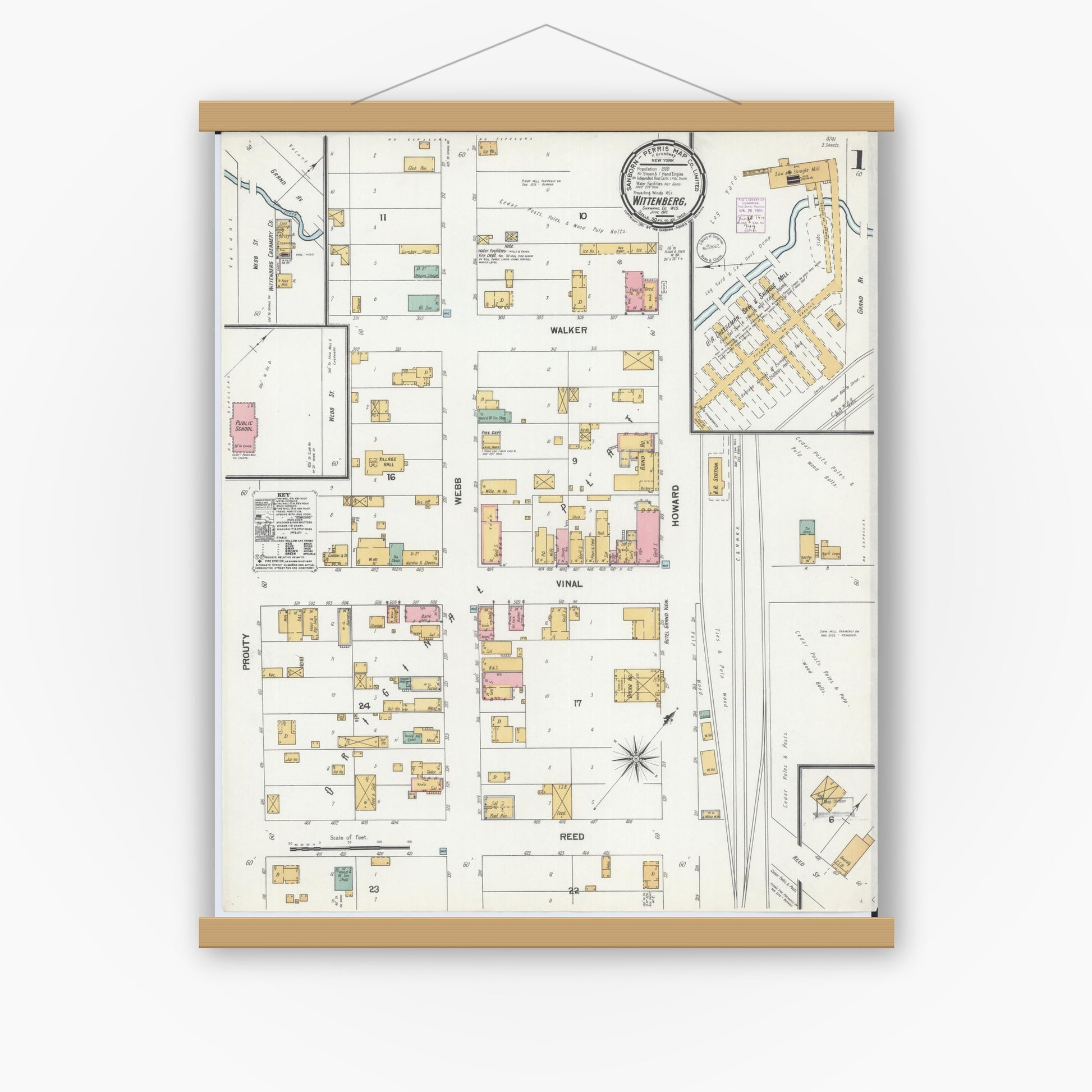 Old map wall art mockup — magnetic wood frame on white wall — Sanborn Fire Insurance Map from Wittenberg, Shawano County, Wisconsin (1901), Sheet #0001