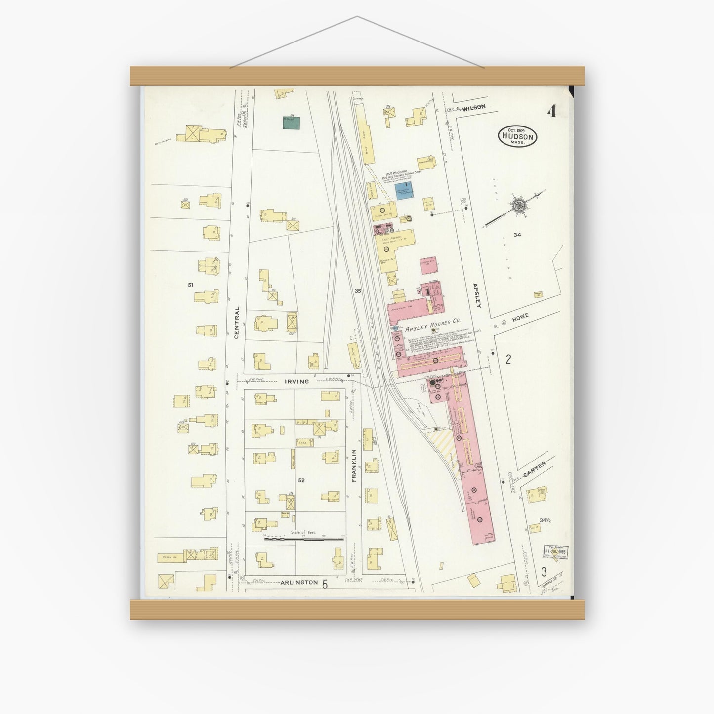 Old map wall art mockup — magnetic wood frame on white wall — Sanborn Fire Insurance Map from Hudson, Middlesex County, Massachusetts (1909), Sheet #0004