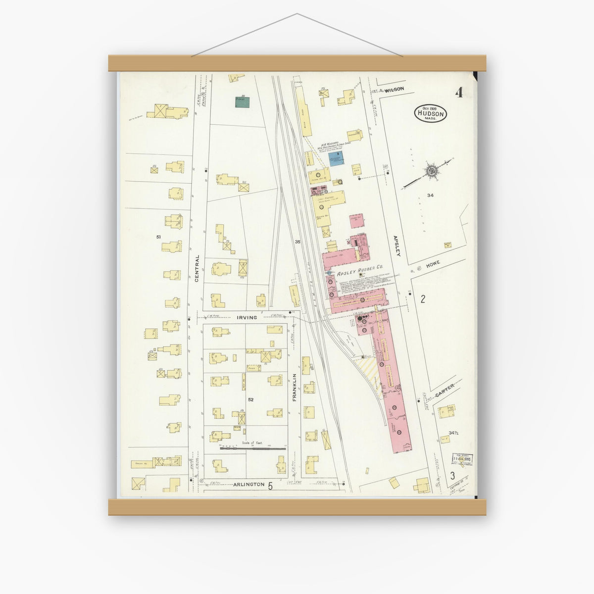 Old map wall art mockup — magnetic wood frame on white wall — Sanborn Fire Insurance Map from Hudson, Middlesex County, Massachusetts (1909), Sheet #0004