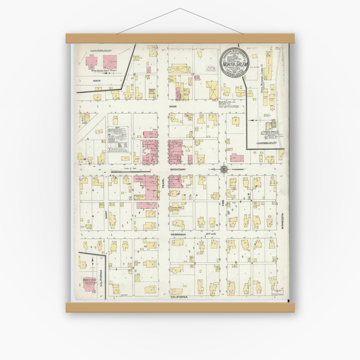 Old map wall art mockup — magnetic wood frame on white wall — Sanborn Fire Insurance Map from North Salem, Hendricks County, Indiana (1910), Sheet #0001