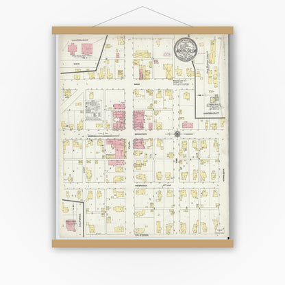 Old map wall art mockup — magnetic wood frame on white wall — Sanborn Fire Insurance Map from North Salem, Hendricks County, Indiana (1910), Sheet #0001