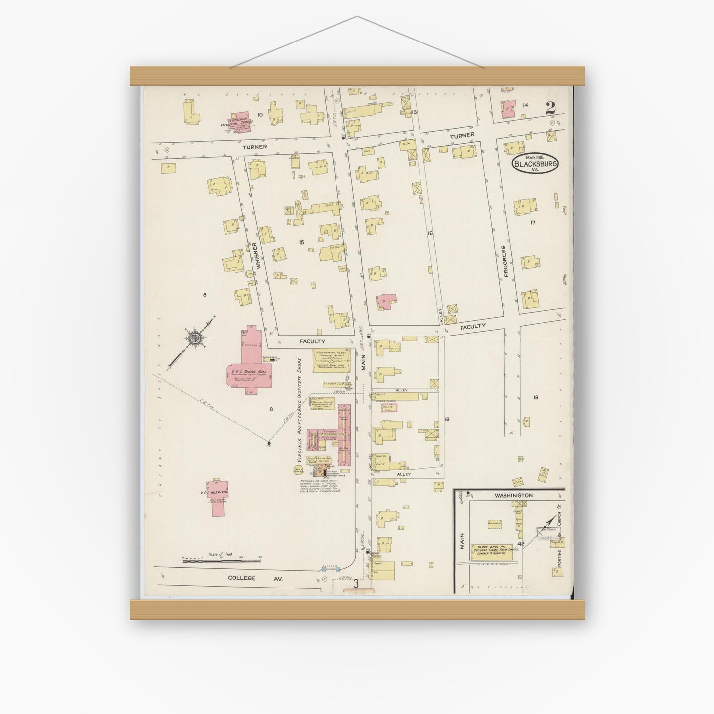 Old map wall art mockup — magnetic wood frame on white wall — Sanborn Fire Insurance Map from Blacksburg, Montgomery County, Virginia (1915), Sheet #0002