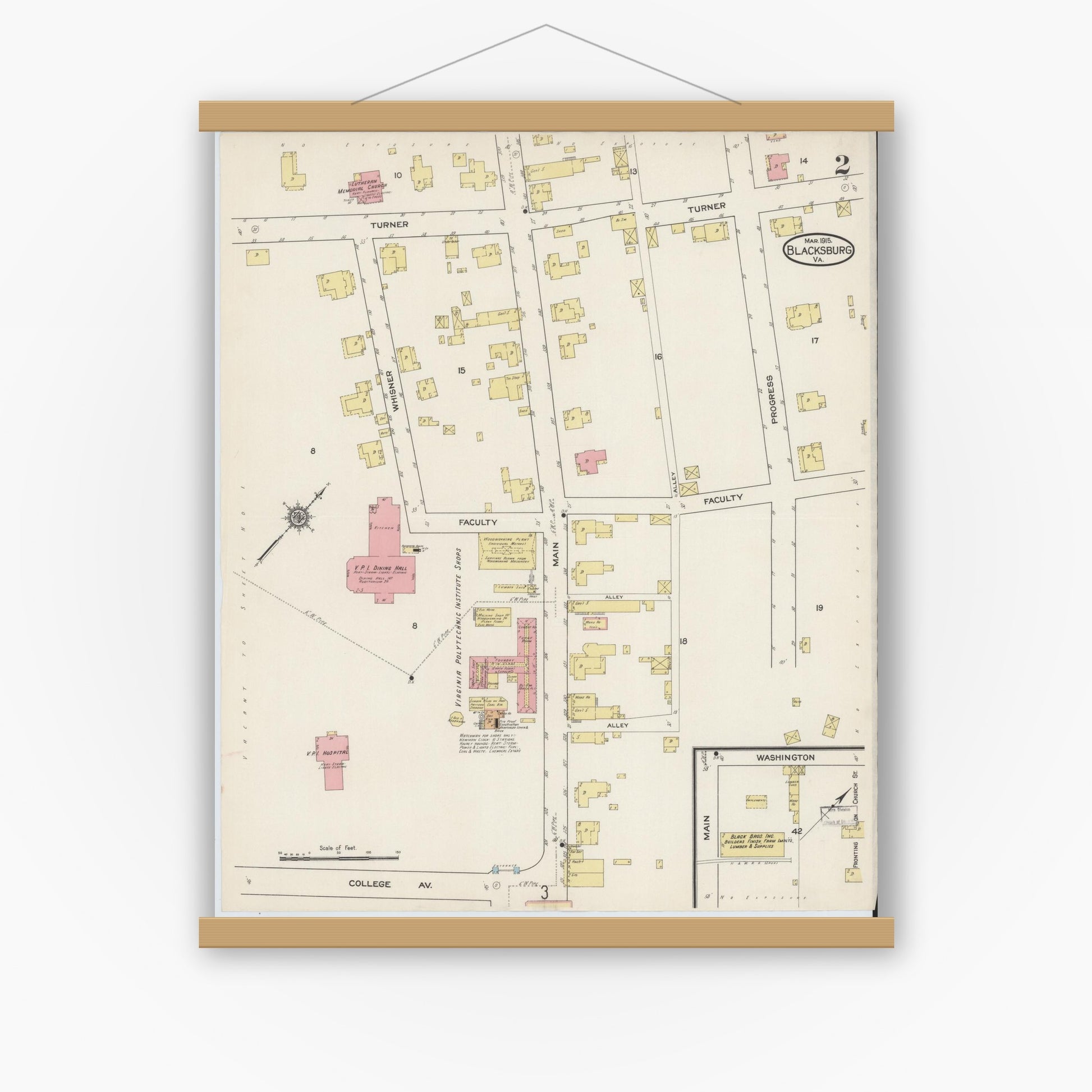 Old map wall art mockup — magnetic wood frame on white wall — Sanborn Fire Insurance Map from Blacksburg, Montgomery County, Virginia (1915), Sheet #0002