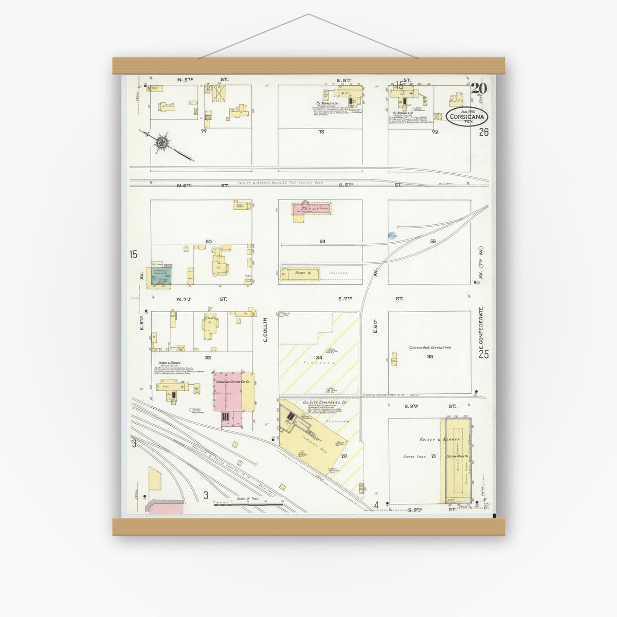 Old map wall art mockup — magnetic wood frame on white wall — Sanborn Map from Corsicana, Navarro County, Texas (1910), Sheet #0020