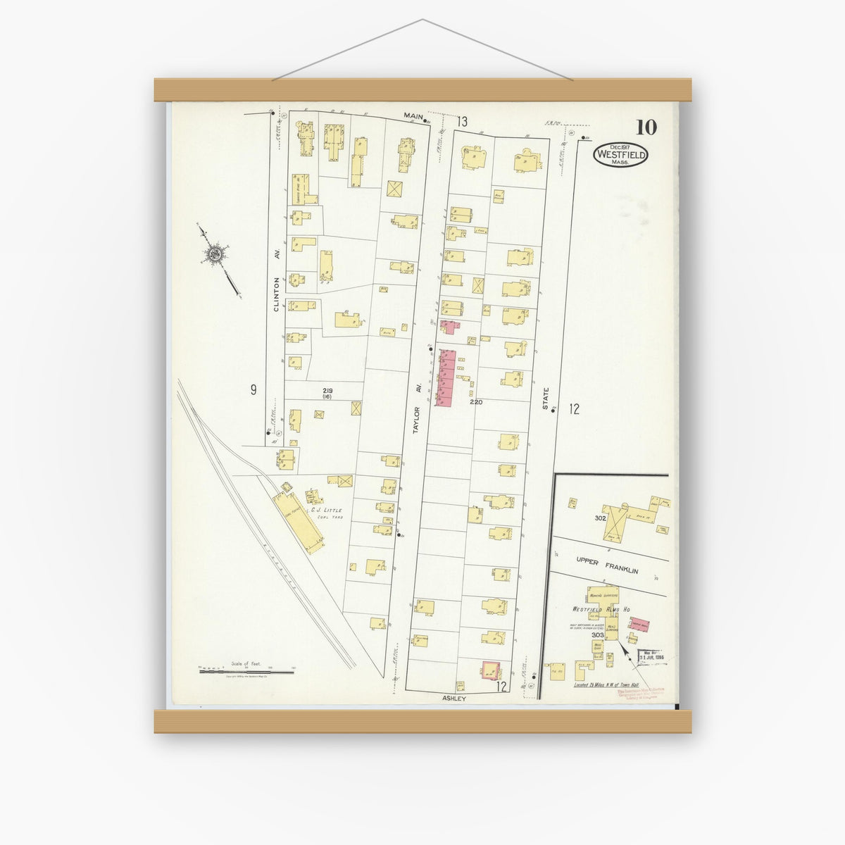 Old map wall art mockup — magnetic wood frame on white wall — Sanborn Fire Insurance Map from Westfield, Hampden County, Massachusetts (1917), Sheet #0010