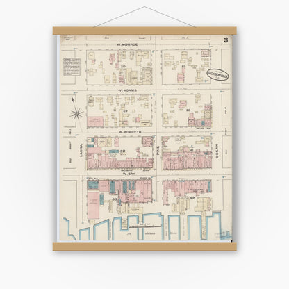 Old map wall art mockup — magnetic wood frame on white wall — Sanborn Fire Insurance Map from Jacksonville, Duval County, Florida (1884), Sheet #0003