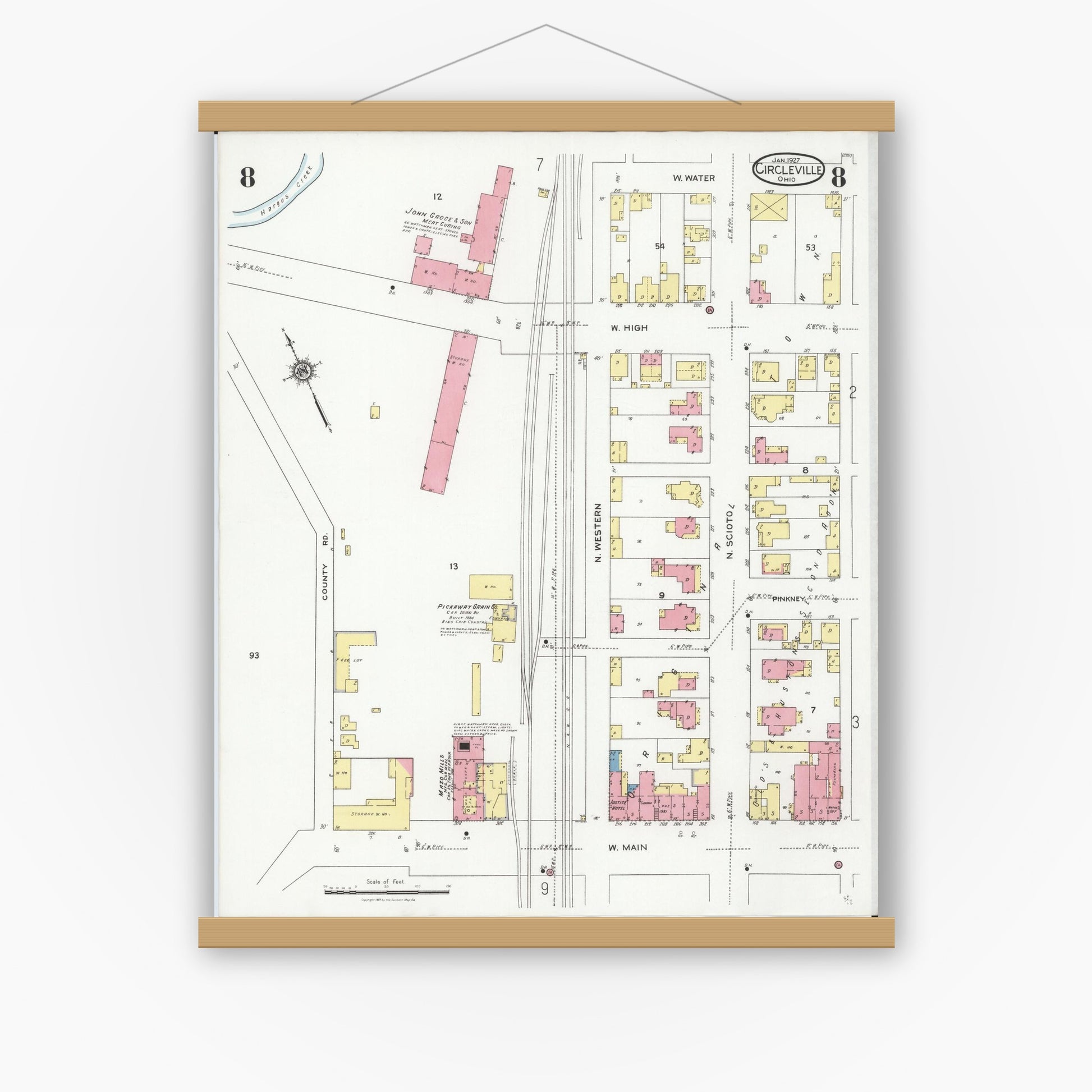 Old map wall art mockup — magnetic wood frame on white wall — Sanborn Fire Insurance Map from Circleville, Pickaway County, Ohio (1927), Sheet #0008