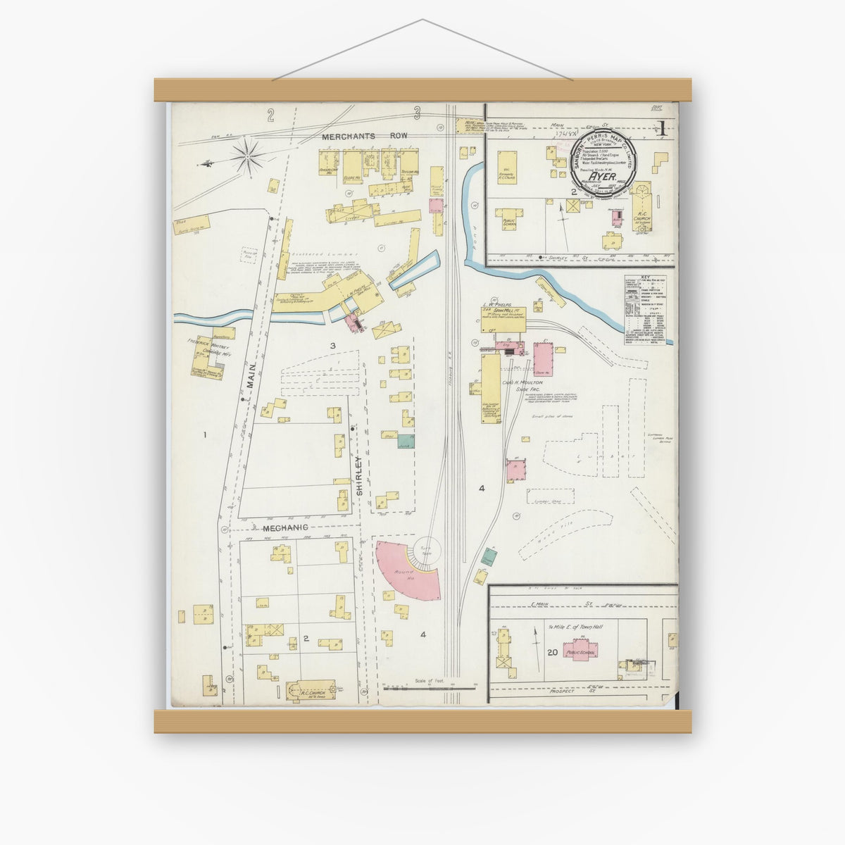 Old map wall art mockup — magnetic wood frame on white wall — Sanborn Fire Insurance Map from Ayer, Middlesex County, Massachusetts (1892) - Complete Map Set