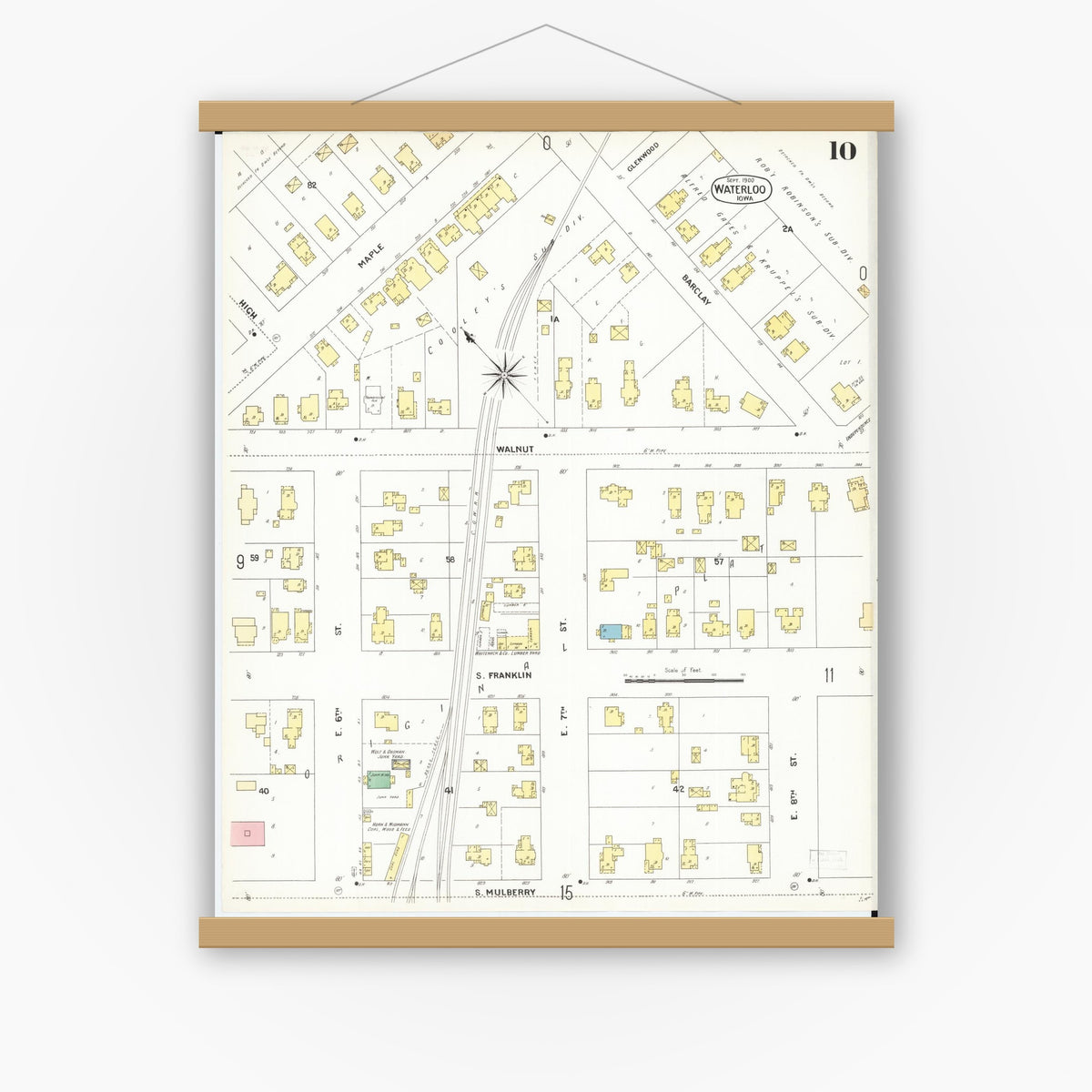 Old map wall art mockup — magnetic wood frame on white wall — Sanborn Fire Insurance Map from Waterloo, Black Hawk County, Iowa (1900), Sheet #0010