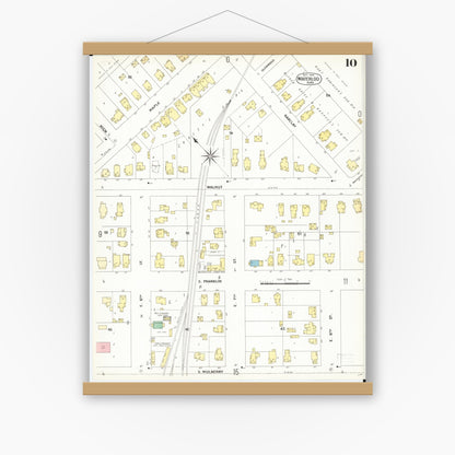 Old map wall art mockup — magnetic wood frame on white wall — Sanborn Fire Insurance Map from Waterloo, Black Hawk County, Iowa (1900), Sheet #0010