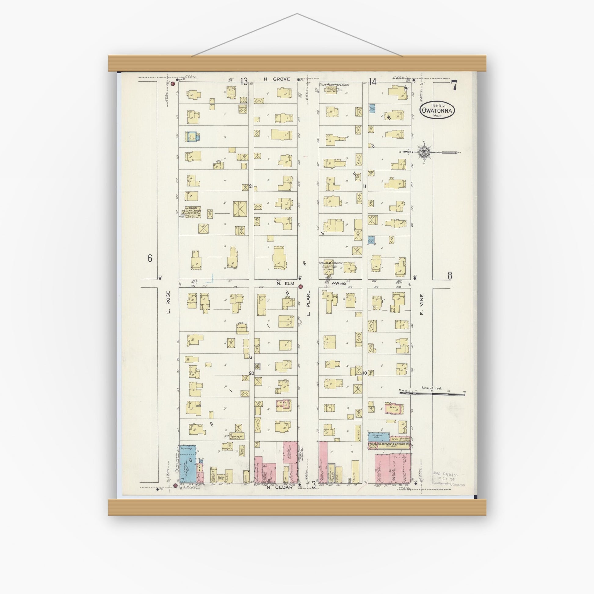 Old map wall art mockup — magnetic wood frame on white wall — Sanborn Fire Insurance Map from Owatonna, Steele County, Minnesota (1915), Sheet #0007