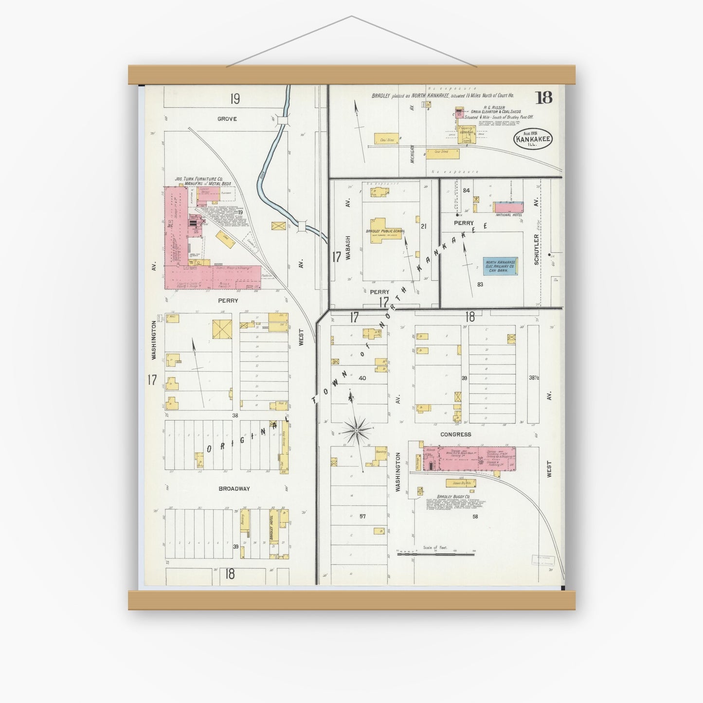 Old map wall art mockup — magnetic wood frame on white wall — Sanborn Fire Insurance Map from Kankakee, Kankakee County, Illinois (1901), Sheet #0018