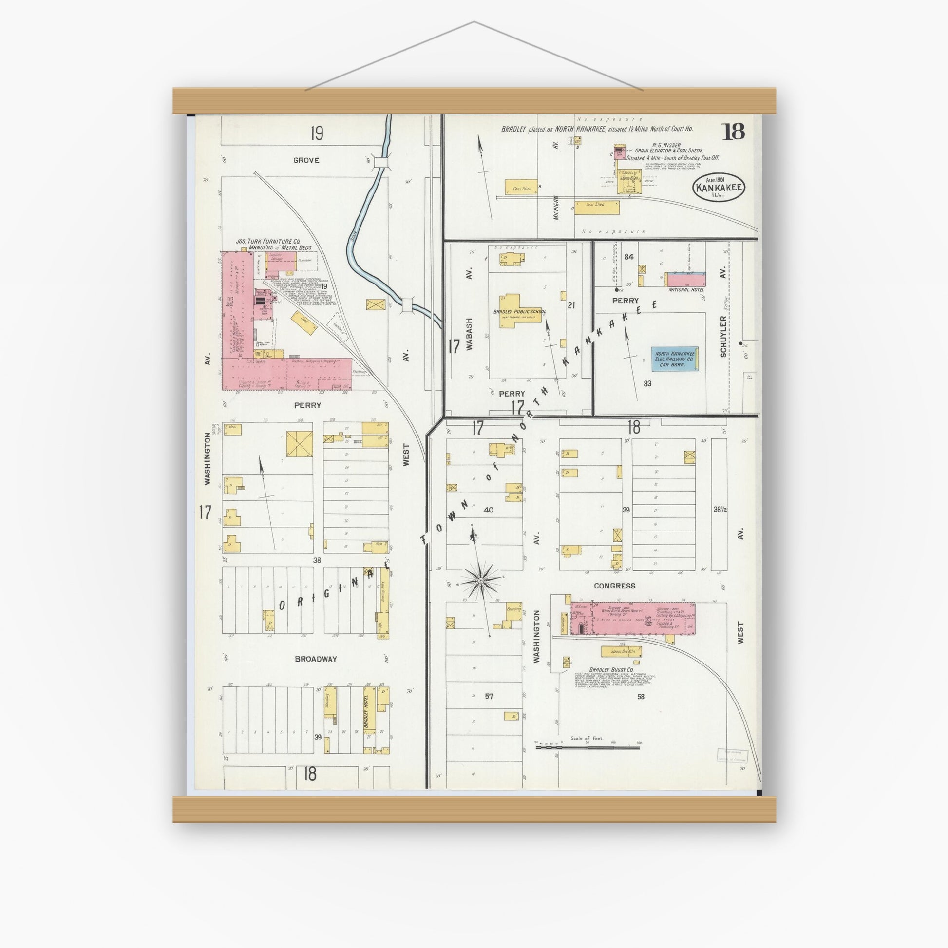 Old map wall art mockup — magnetic wood frame on white wall — Sanborn Fire Insurance Map from Kankakee, Kankakee County, Illinois (1901), Sheet #0018