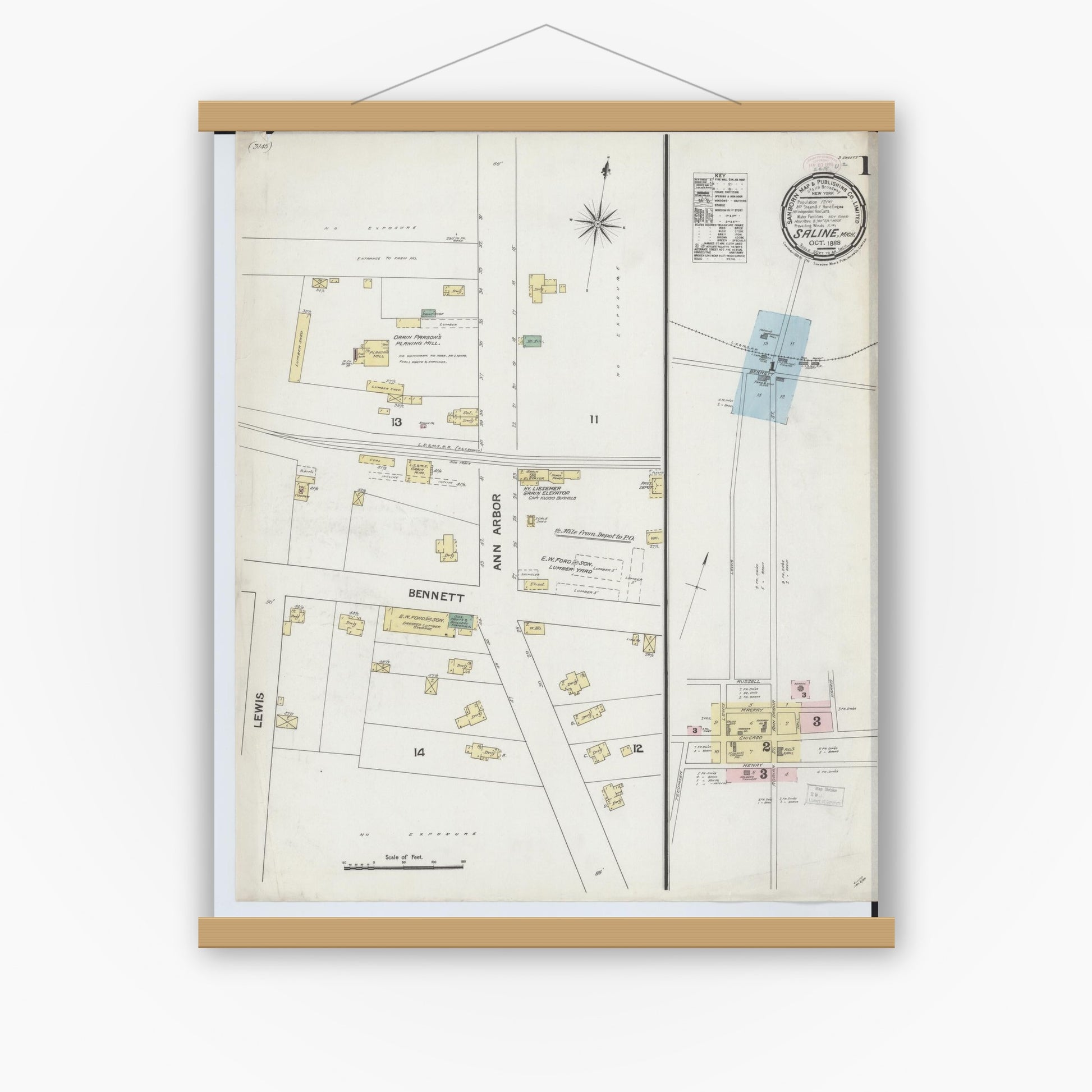 Old map wall art mockup — magnetic wood frame on white wall — Sanborn Fire Insurance Map from Saline, Washtenaw County, Michigan (1888) - Complete Map Set