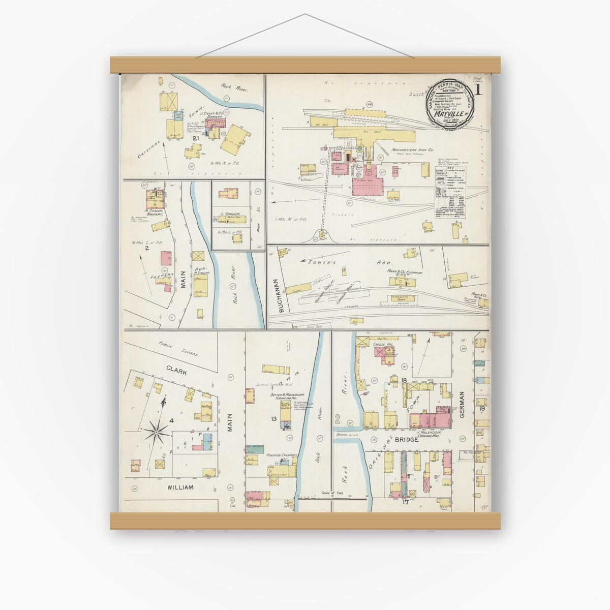 Old map wall art mockup — magnetic wood frame on white wall — Sanborn Fire Insurance Map from Mayville, Dodge County, Wisconsin (1892), Sheet #0001